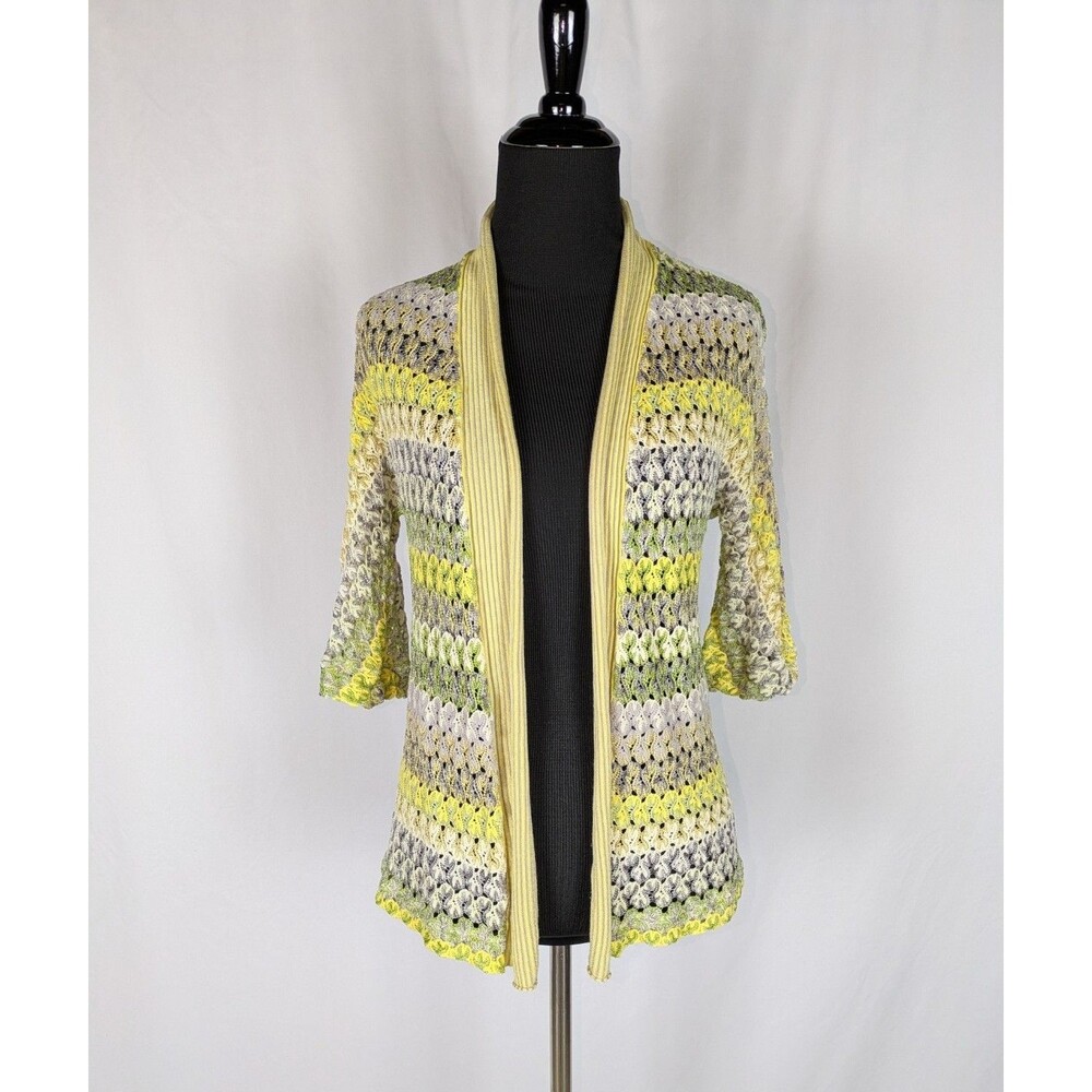 NIC+ZOE Yellow Crochet Knit Open Front Cardigan PP Artistic Polished Eclectic